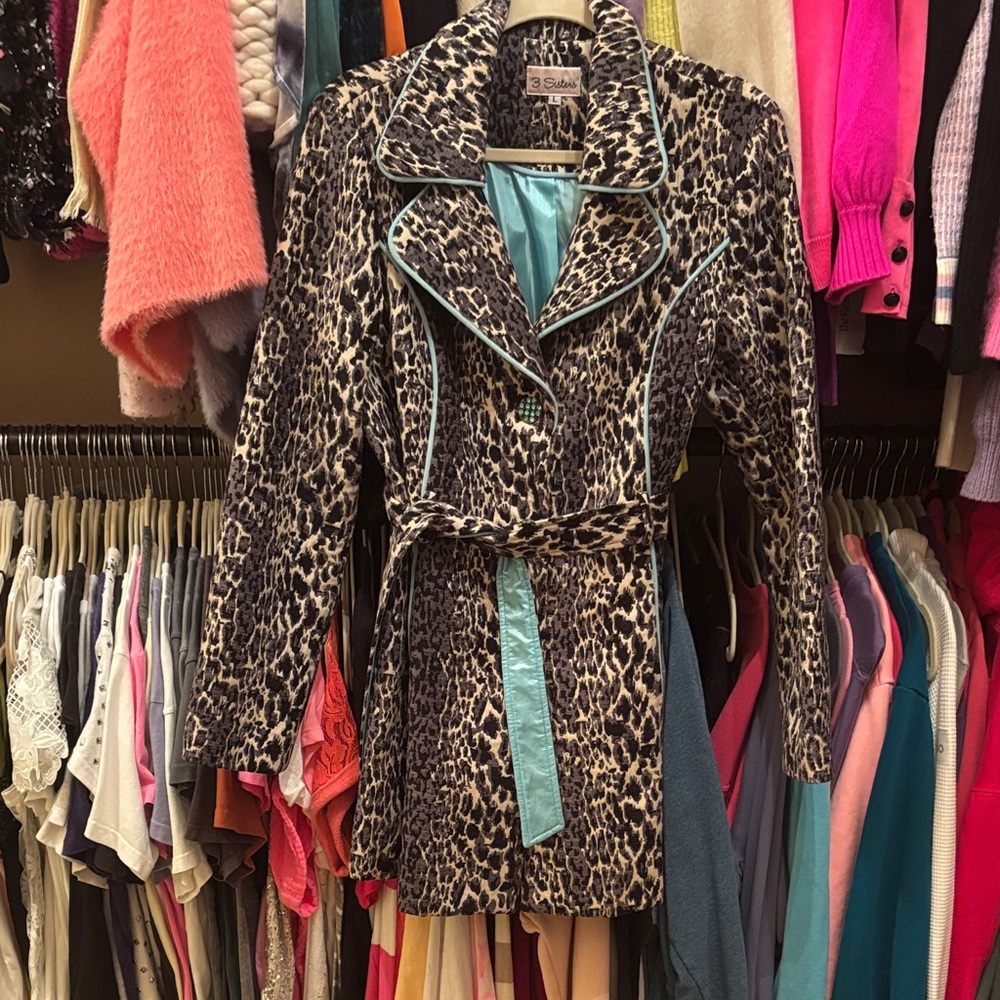3 Sisters Leopard Print Trench Coat with Blue Trim
